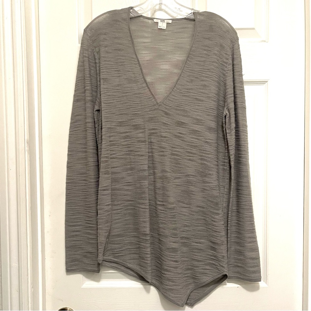 HELMUT LANG Gray V-Neck Asymmetrical Hem Wool Blend Sweater Top Women’s Sz L